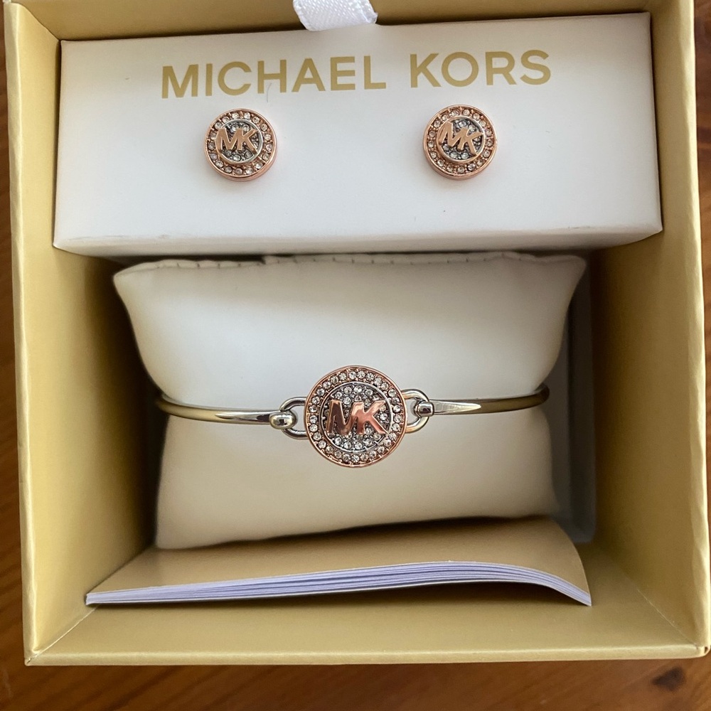 Michael Kors Set- Logo bangle &  pierced earrings  NEW IN BOX w tags and booklet